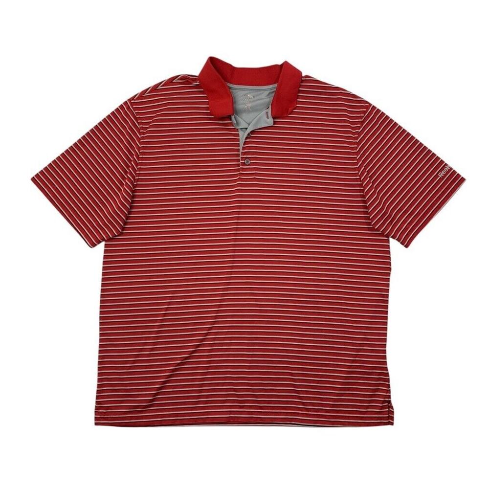 Reebok Polo Shirt Mens XL Extra Large Red Grey Stripe Play Dry Short Sleeve Golf